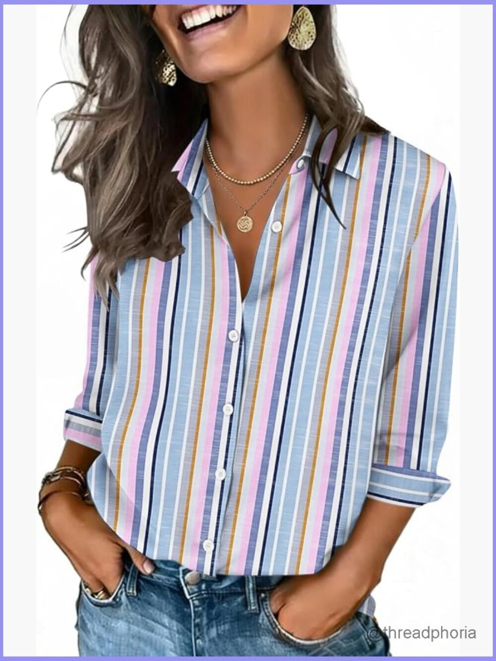 Women's 3/4 Sleeve Button Down Blouse V-Neck Business Casual Top